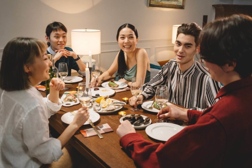 a group of people eating