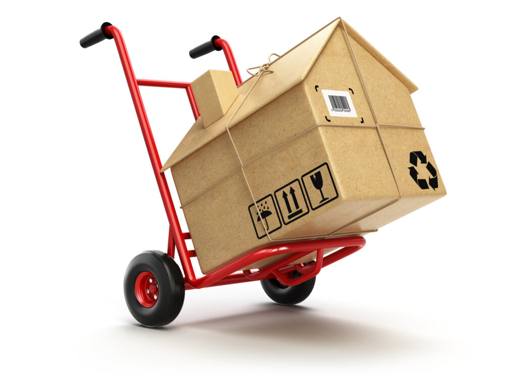 A house-shaped box on a dolly for interstate moving