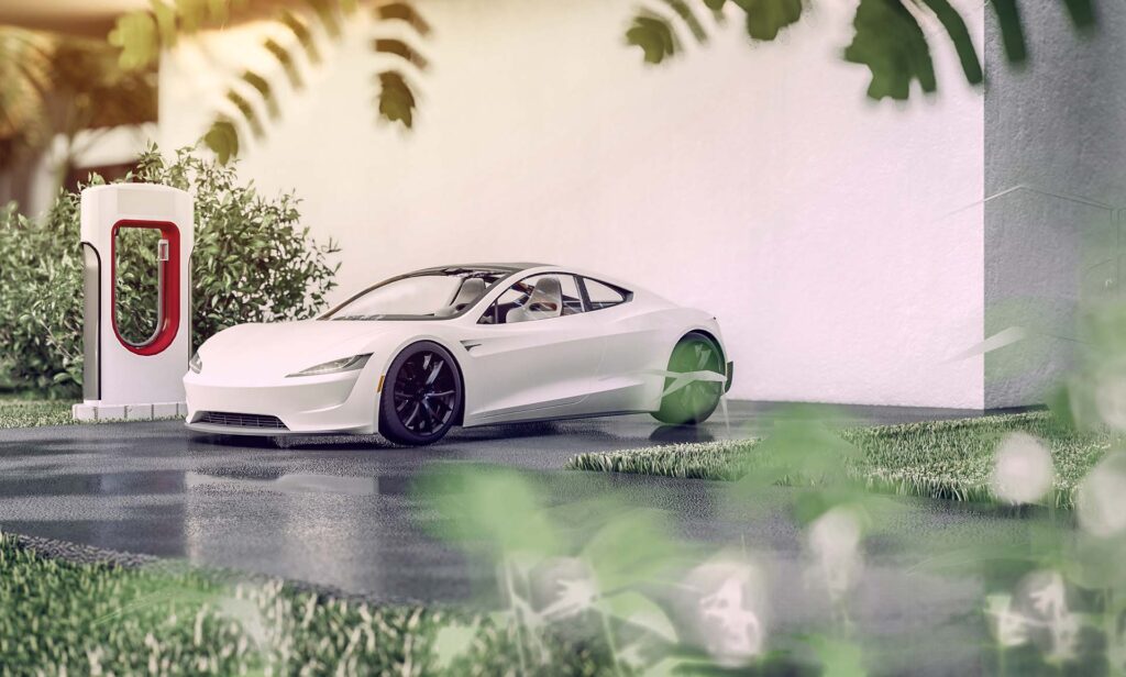 Electric car parked in front of modern home garage 3d rendering