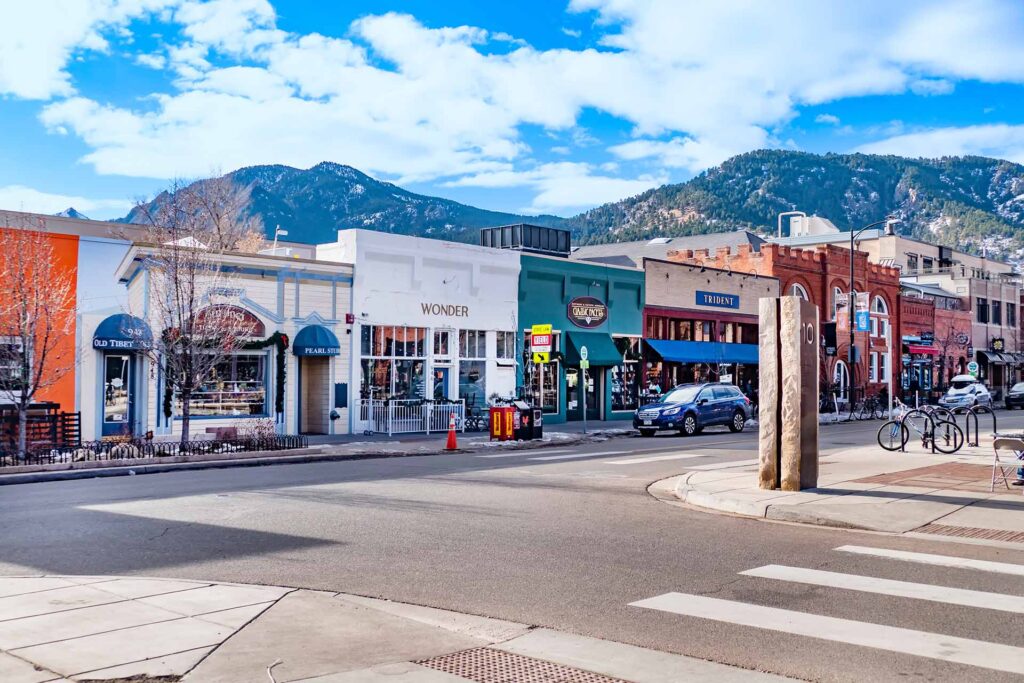 Pearl Street Mall, a landmark pedestrian area in downtown Boulder, Colorado, in the Rocky Mountains