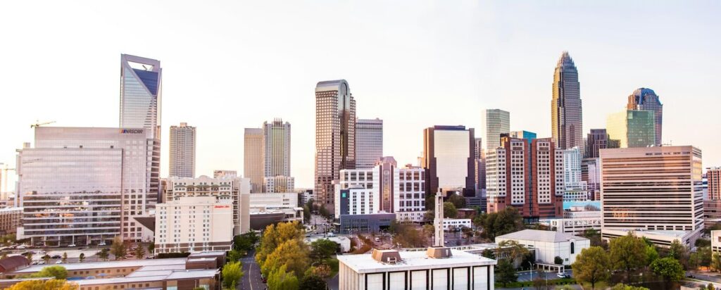 Selective focus view of modern high-rise buildings and skyscrapers in Uptown Charlotte, North Carolina.