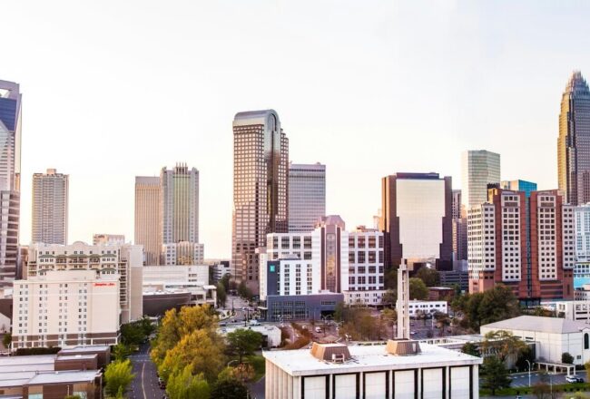 Selective focus view of modern high-rise buildings and skyscrapers in Uptown Charlotte, North Carolina.
